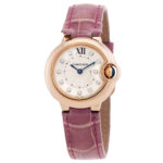 Cartier Ballon Bleu Silver Diamond Dial 18kt Rose Gold Purple Leather Ladies Watch